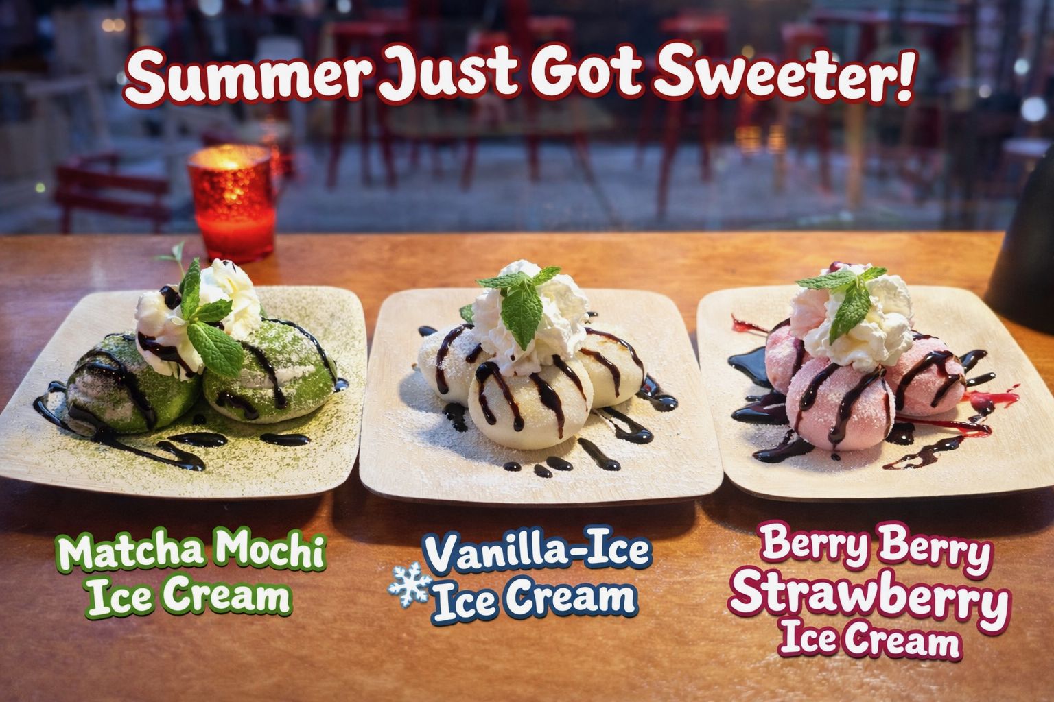 Japanese ice cream trio with Matcha Mochi, Vanilla, and Berry Strawberry