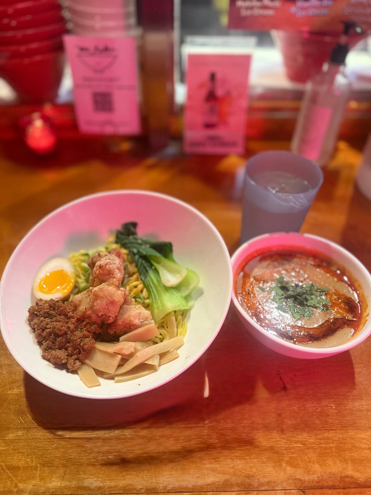 Karaage Tantan Tsukemen cold dipping ramen with crispy karaage and soft-boiled egg
