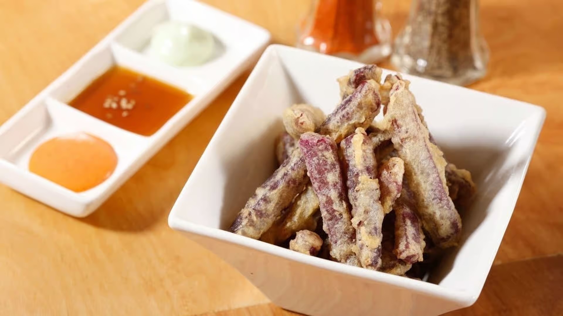 Purple Sweet Potato Tempura with three dipping sauces
