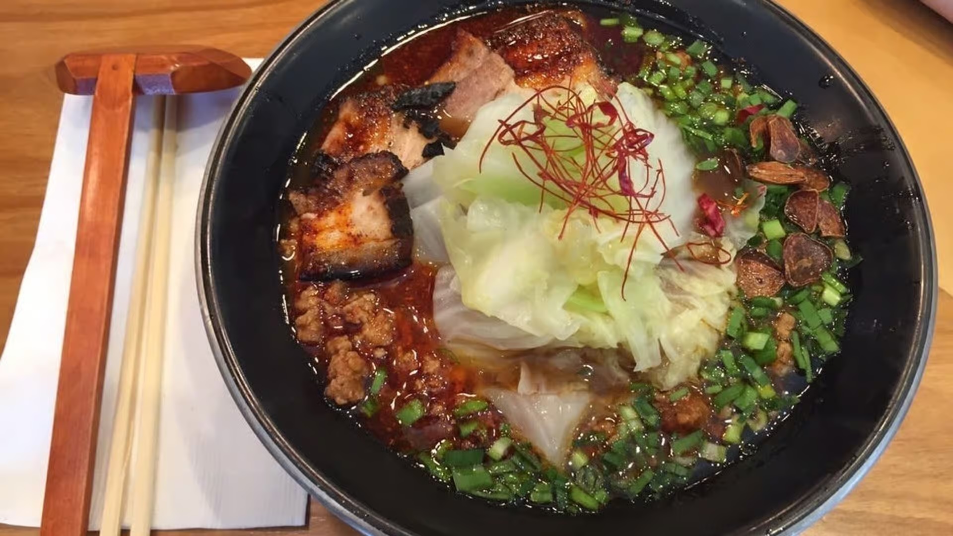 Spicy Stamina ramen with pork belly and fried garlic
